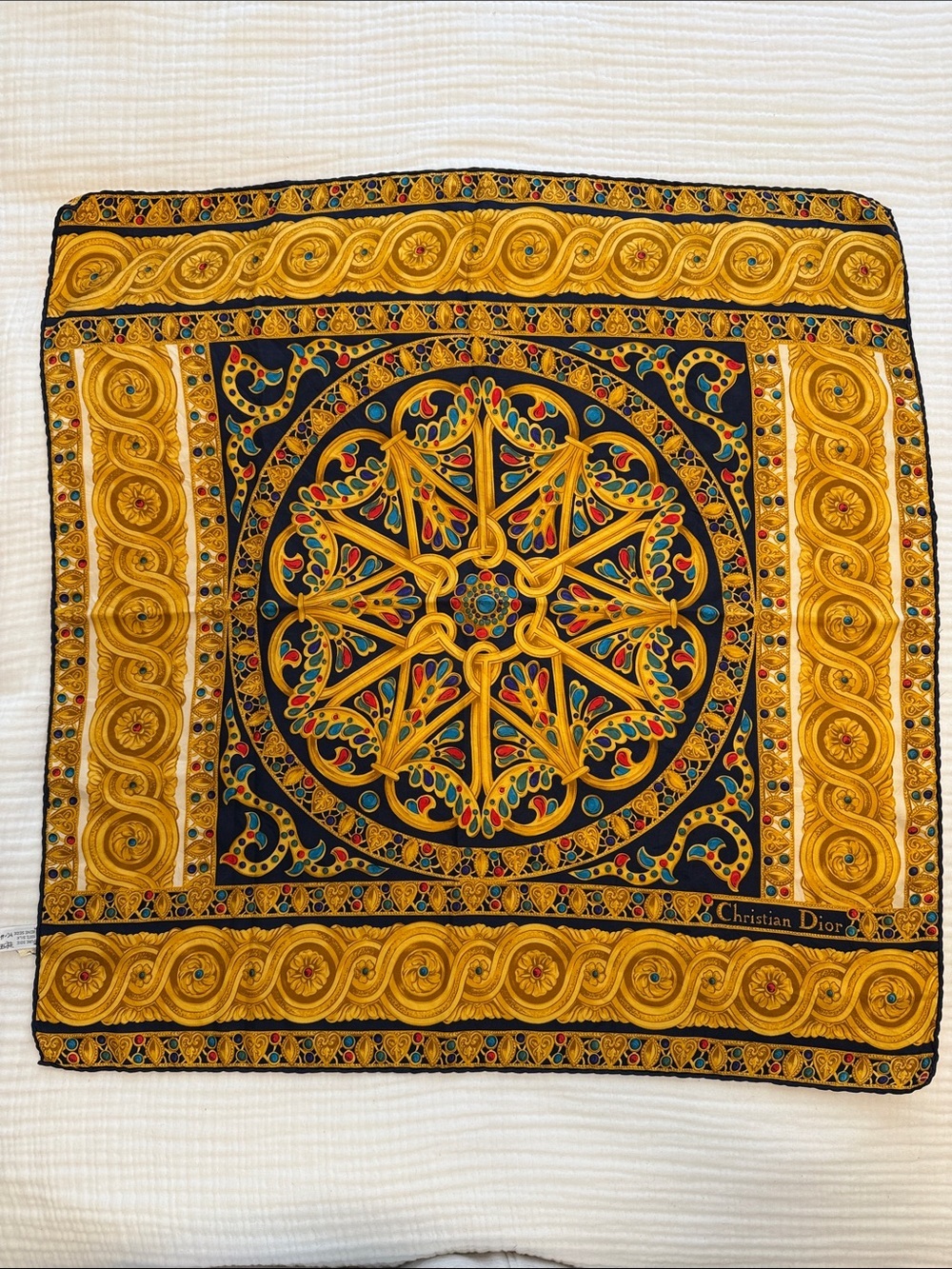 Christian Dior Vintage Baroque Style Silk Scarf - Gold & Navy
